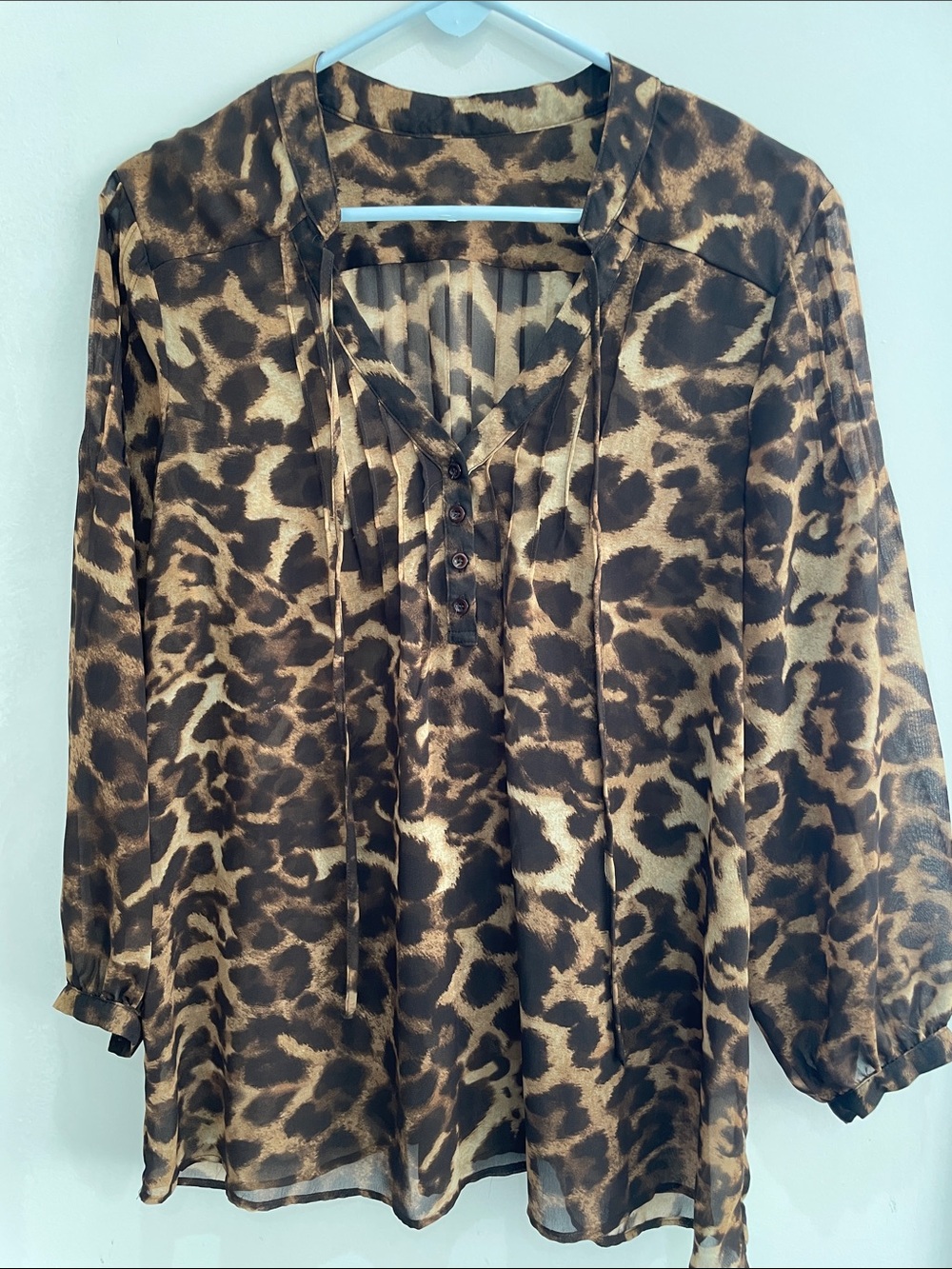 Sheer Leopard Print Tie Neck Blouse V-Neck 3/4 Sleeve Shift Top Medium